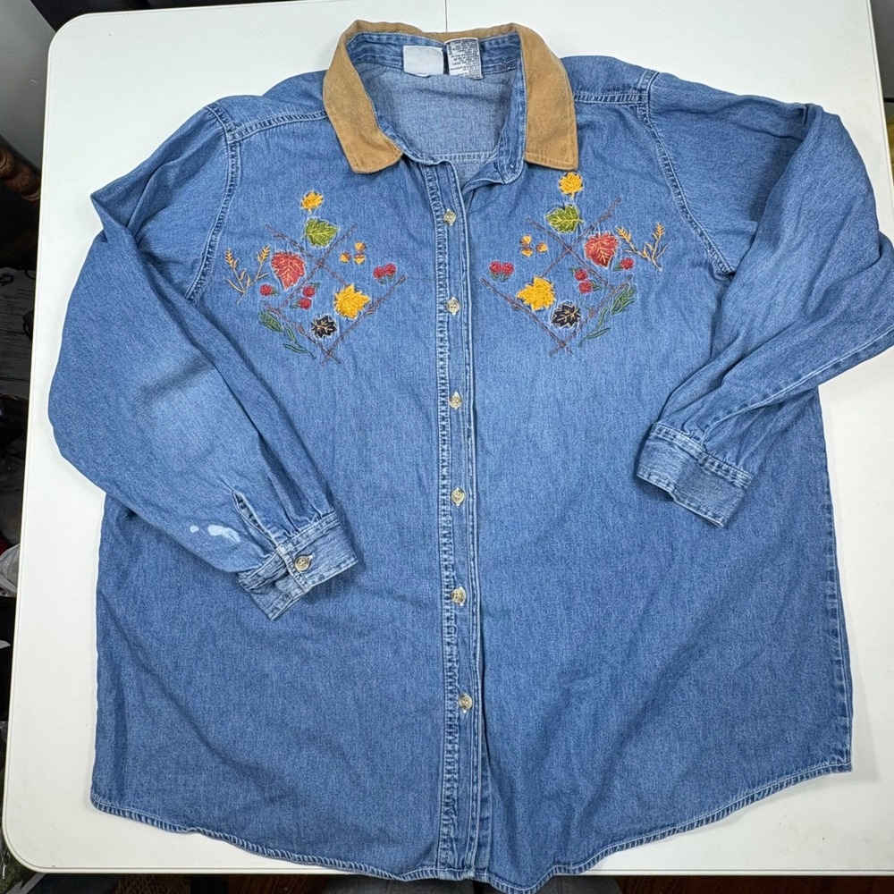 Vintage Embroidered Denim Shirt Womens 22W 24W Fall Leaves‎ Acorn Cottagecore